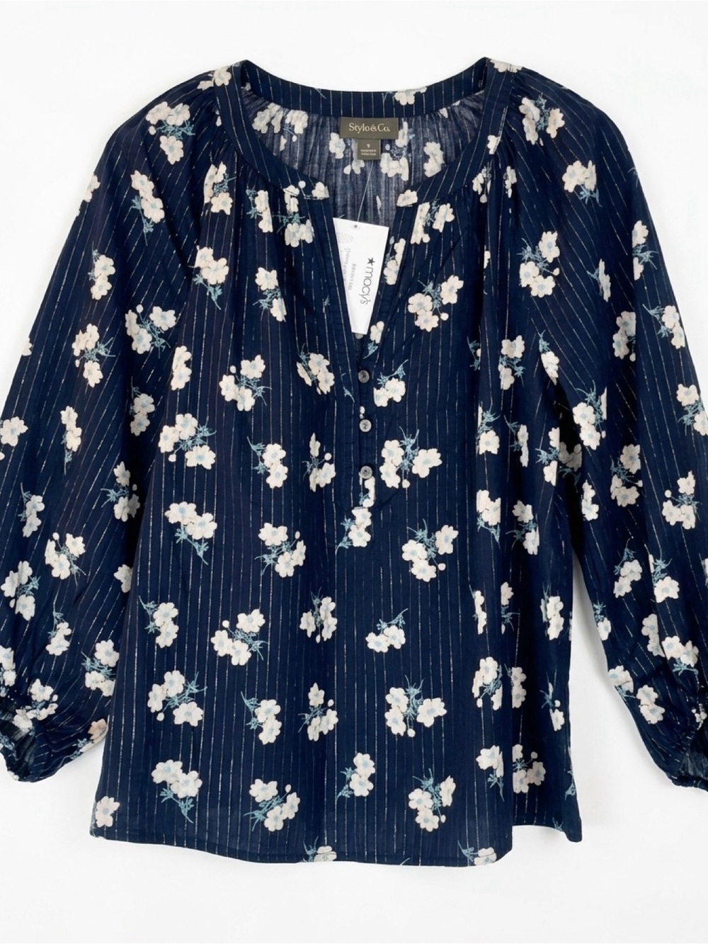 Style & Co. Navy Floral Button-Front Blouse